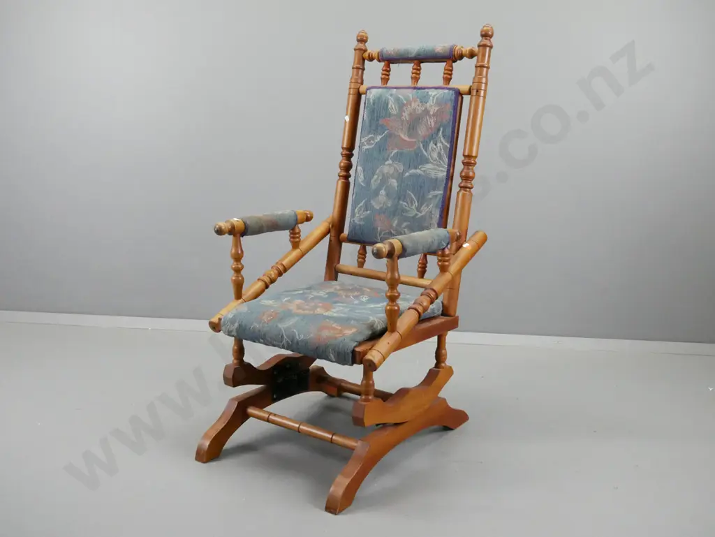 rimu and beech Dexter rocking chair with upholstered seat, arms and top rail - wear to fabric on arms. H1080 W540 D-670 Image 1++