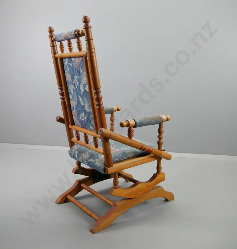 rimu and beech Dexter rocking chair with upholstered seat, arms and top rail - wear to fabric on arms. H1080 W540 D-670 Image 1++