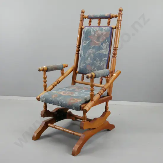 rimu and beech Dexter rocking chair with upholstered seat, arms and top rail - wear to fabric on arms. H1080 W540 D-670