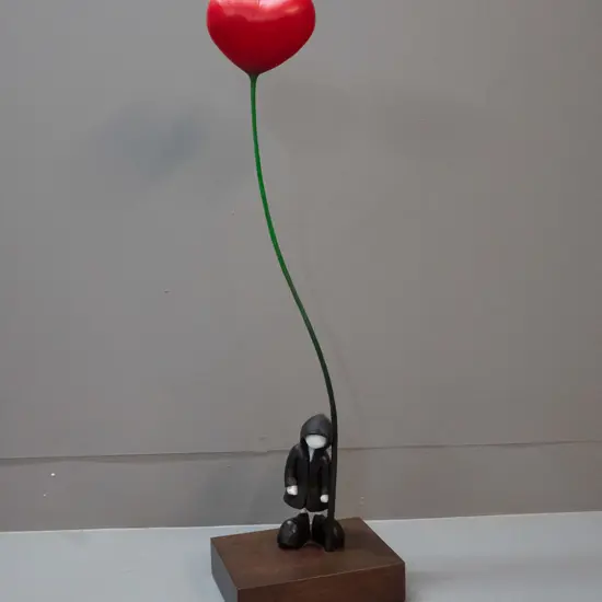 Mackenzie Thorpe hand painted resin and timber sculpture "Lean on Love" limited edition 185/395. H-670 W-200