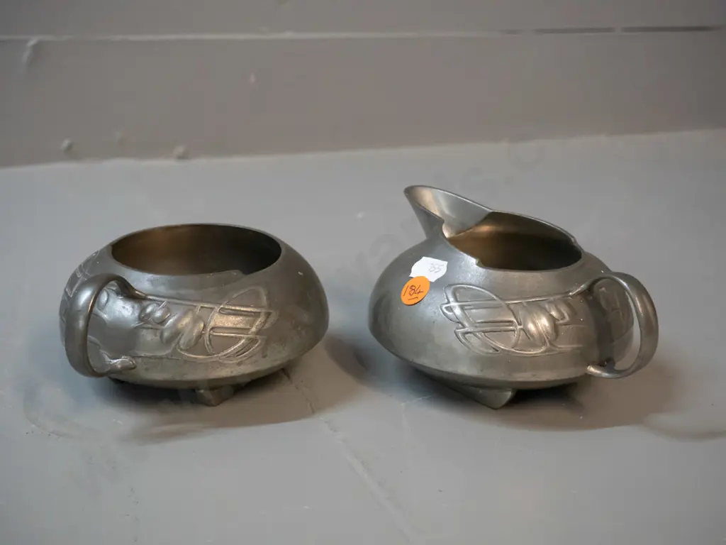 nouveau style English pewter milk jug and sugar bowl with pomegranate motifs, some surface scratches - jug H70 W145 Image 1++