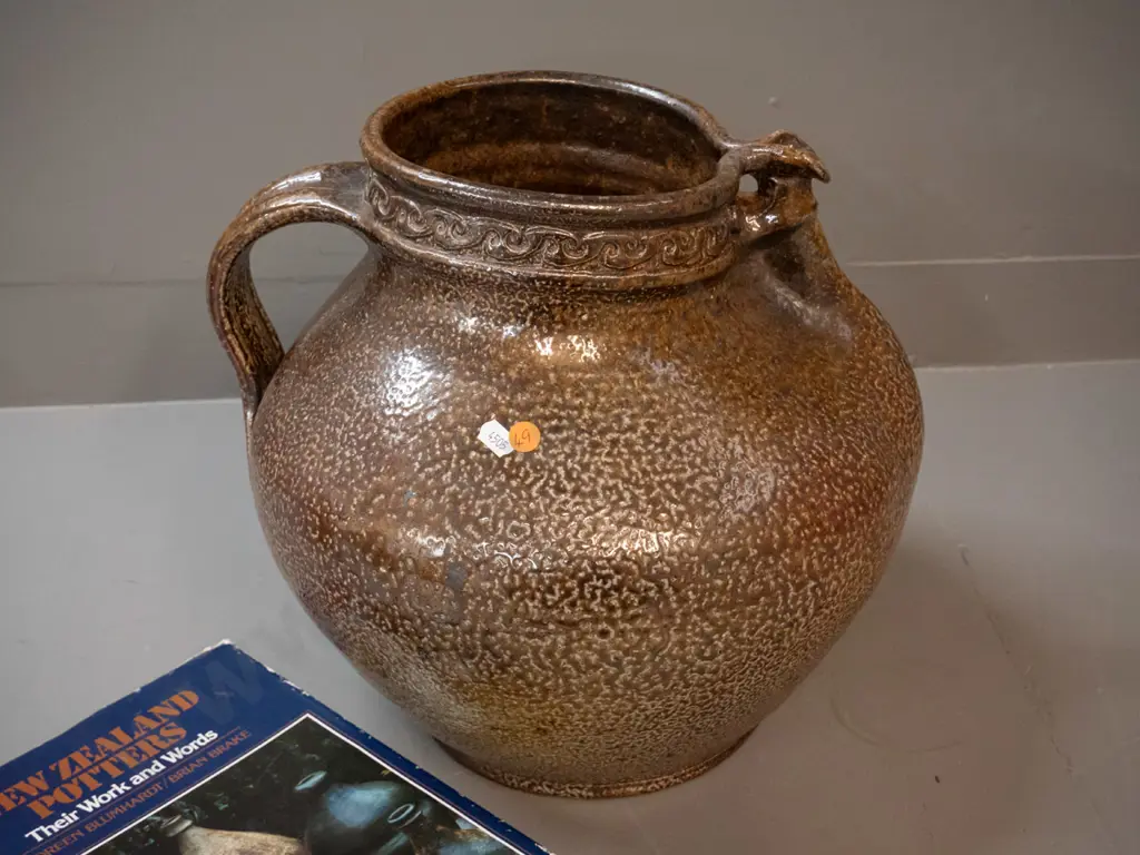 large Barry Brickell studio pottery jug / vase H-330 D-370 with New Zealand Potters - Their Work and Words book, has Image 1++