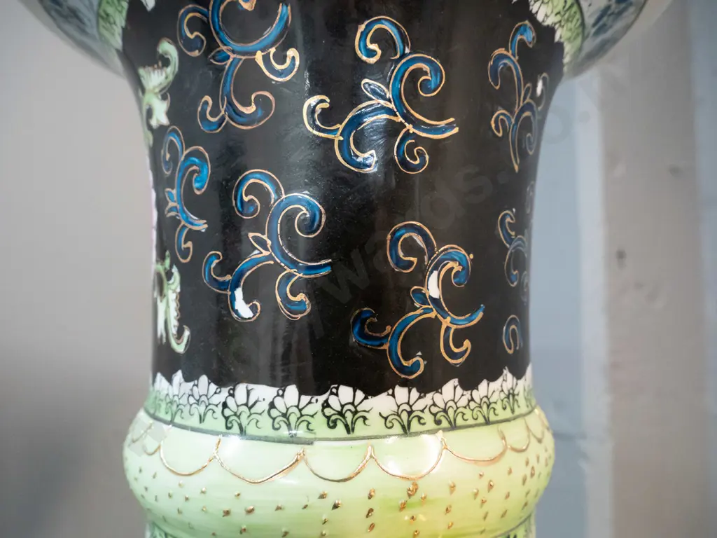 pair of very large pear shaped Chinese floor vases with gilt elephant head handles, raised peacock and flower motifs & Image 1++