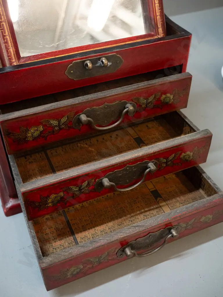 reproduction vintage style asian dressing table jewellery chest with lift up lid & mirror, 3 drawers with metal handles, Image 1++
