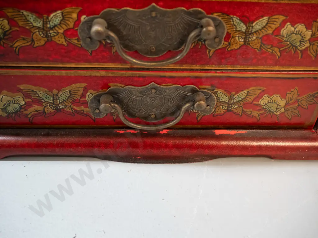 reproduction vintage style asian dressing table jewellery chest with lift up lid & mirror, 3 drawers with metal handles, Image 1++