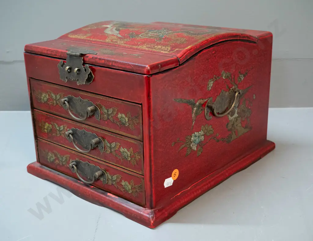 reproduction vintage style asian dressing table jewellery chest with lift up lid & mirror, 3 drawers with metal handles, Image 1++