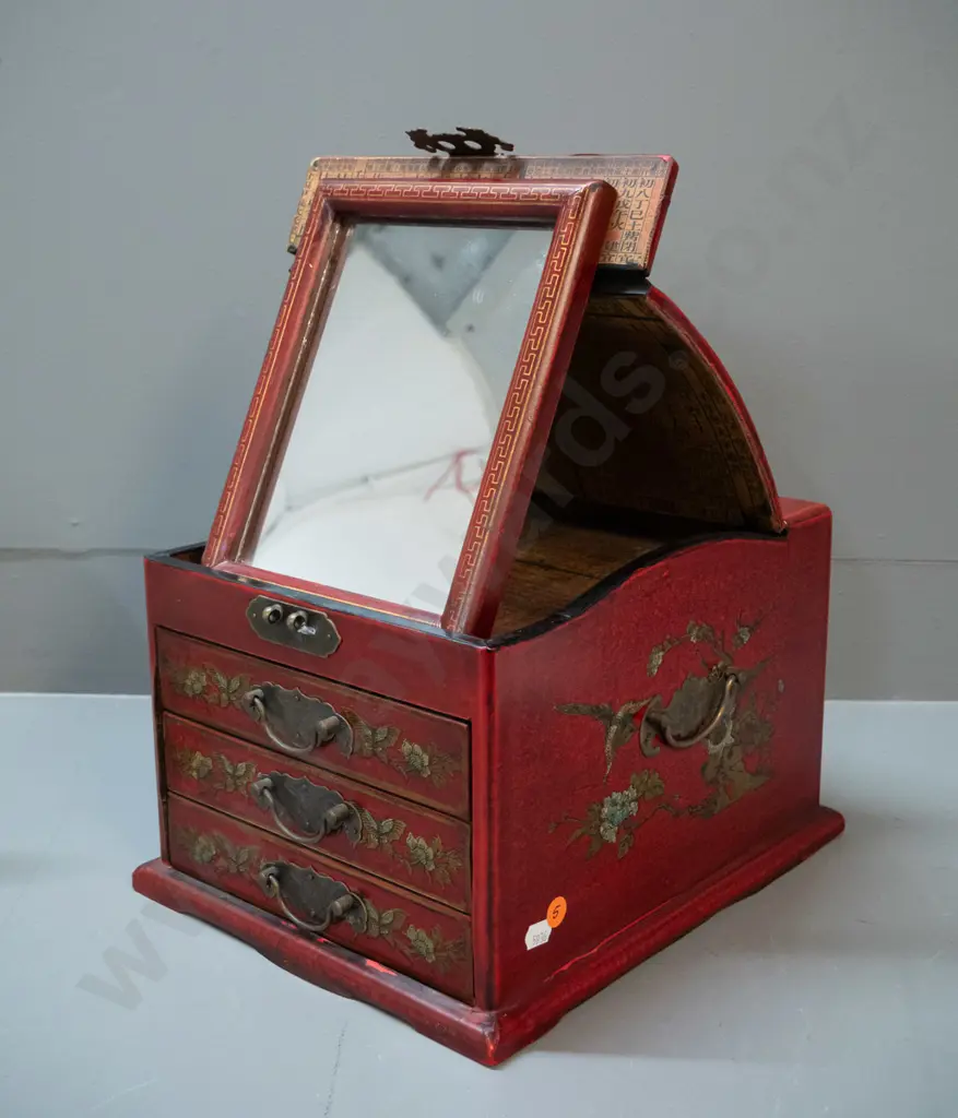 reproduction vintage style asian dressing table jewellery chest with lift up lid & mirror, 3 drawers with metal handles, Image 1++