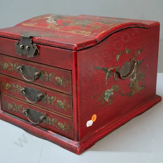reproduction vintage style asian dressing table jewellery chest with lift up lid & mirror, 3 drawers with metal handles,