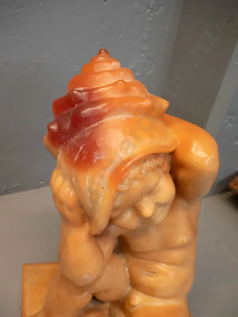 large heavy composite figure of little boy with seashell on head H-430 Base 250 x 250 - has obvious seams but no cracks Image 1++