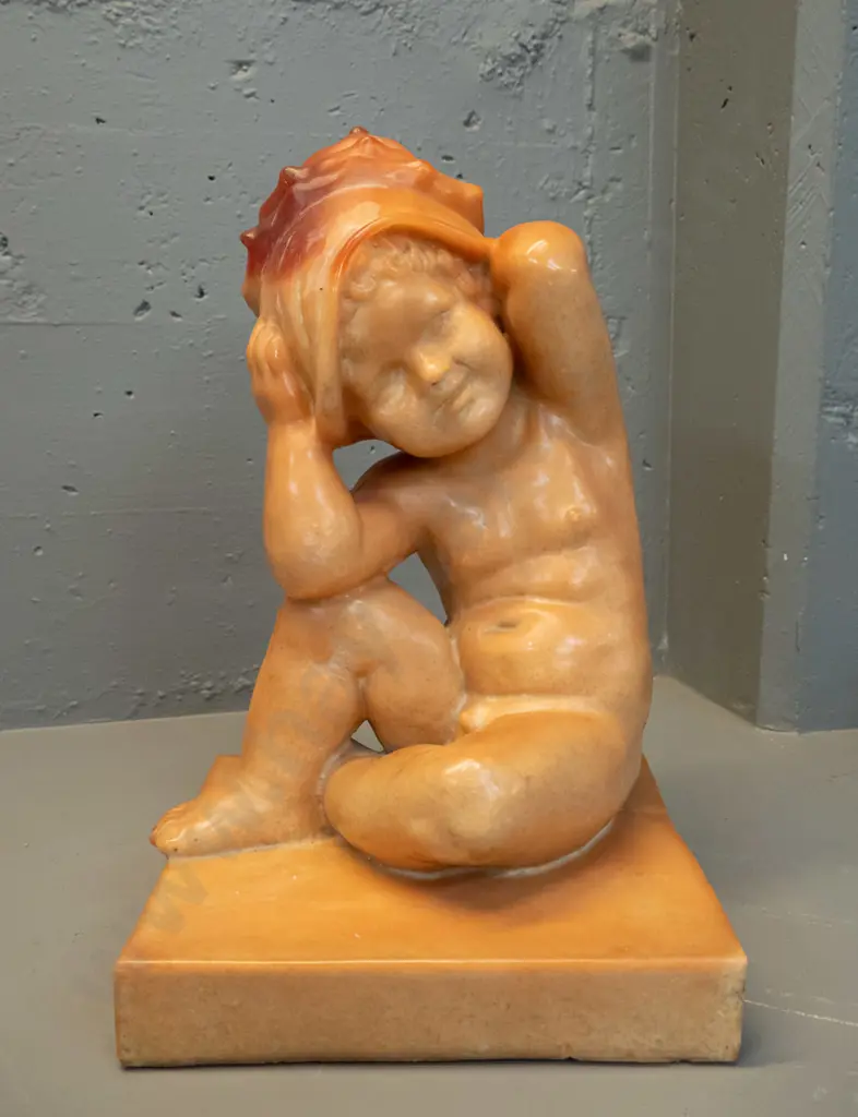 large heavy composite figure of little boy with seashell on head H-430 Base 250 x 250 - has obvious seams but no cracks Image 1++