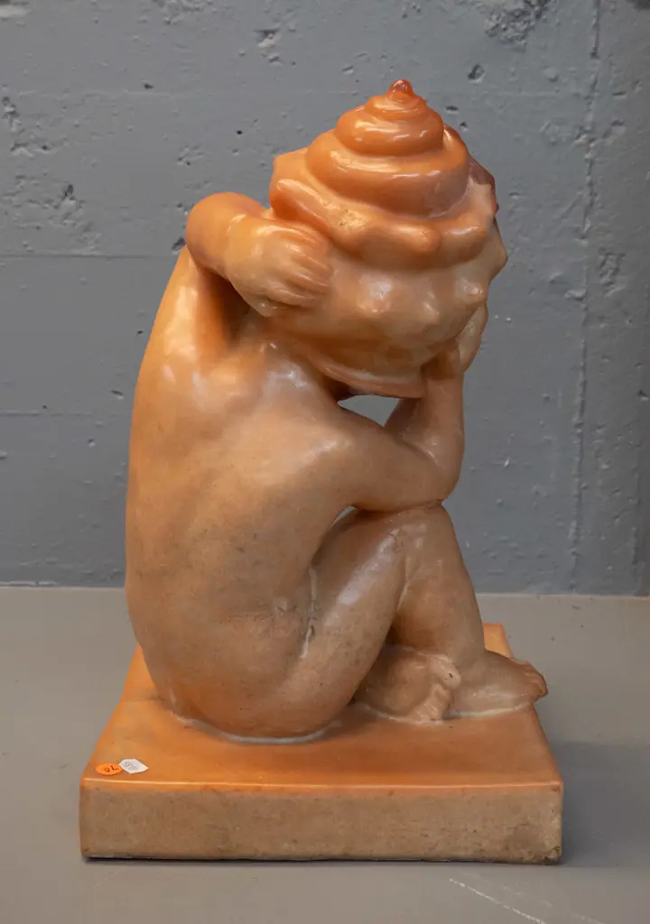 large heavy composite figure of little boy with seashell on head H-430 Base 250 x 250 - has obvious seams but no cracks Image 1++