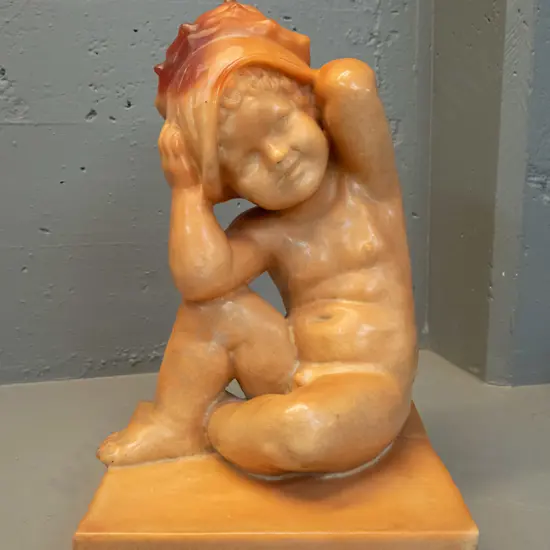 large heavy composite figure of little boy with seashell on head H-430 Base 250 x 250 - has obvious seams but no cracks