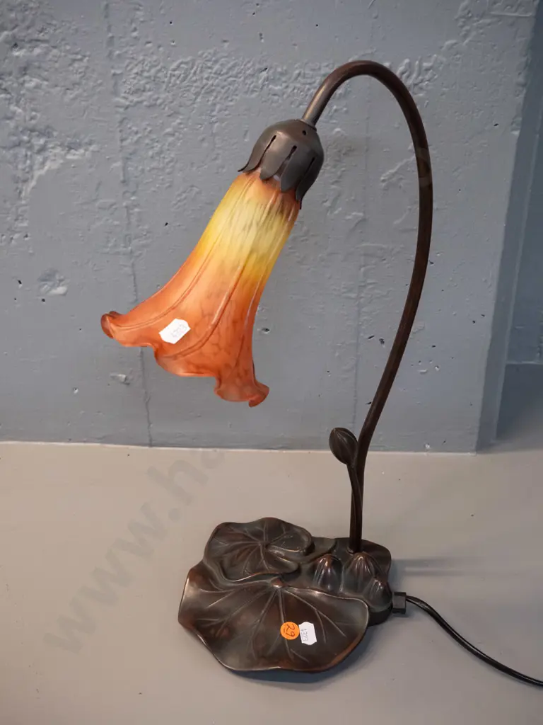 reproduction lily pad table lamp with metal stem, composite base and frosted glass trumpet flower shade H-410 Image 1++