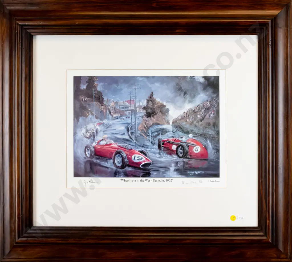 framed signed Dennis Brown Ltd print 296/500 "Wheel Spin in Wet Dunedin 1962" H - 240 W - 380 Image 1++