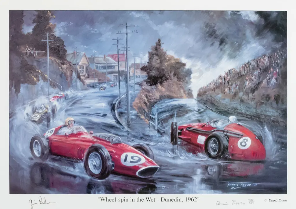 framed signed Dennis Brown Ltd print 296/500 "Wheel Spin in Wet Dunedin 1962" H - 240 W - 380 Image 1++