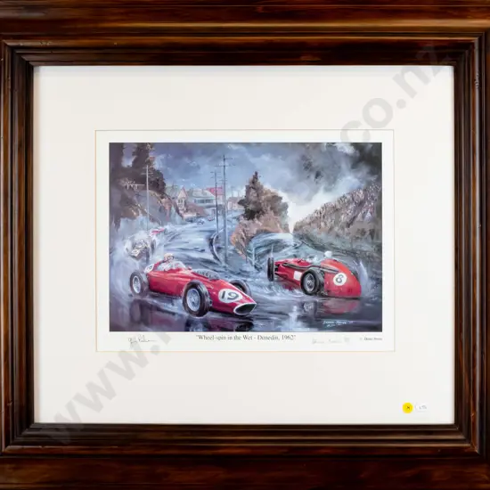 framed signed Dennis Brown Ltd print 296/500 "Wheel Spin in Wet Dunedin 1962" H - 240 W - 380