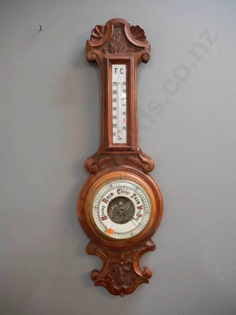 vintage carved oak-cased wall barometer-thermometer H-640 W-200 Image 1++