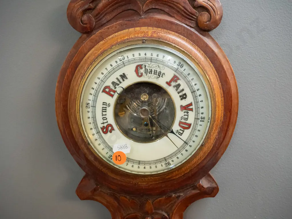 vintage carved oak-cased wall barometer-thermometer H-640 W-200 Image 1++