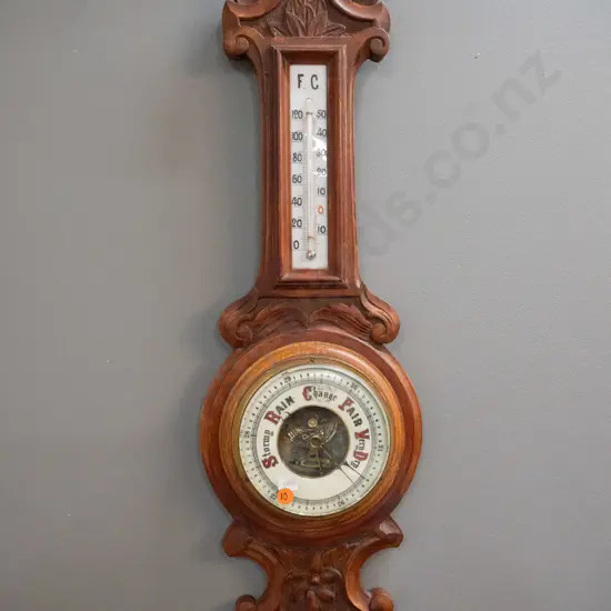 vintage carved oak-cased wall barometer-thermometer H-640 W-200