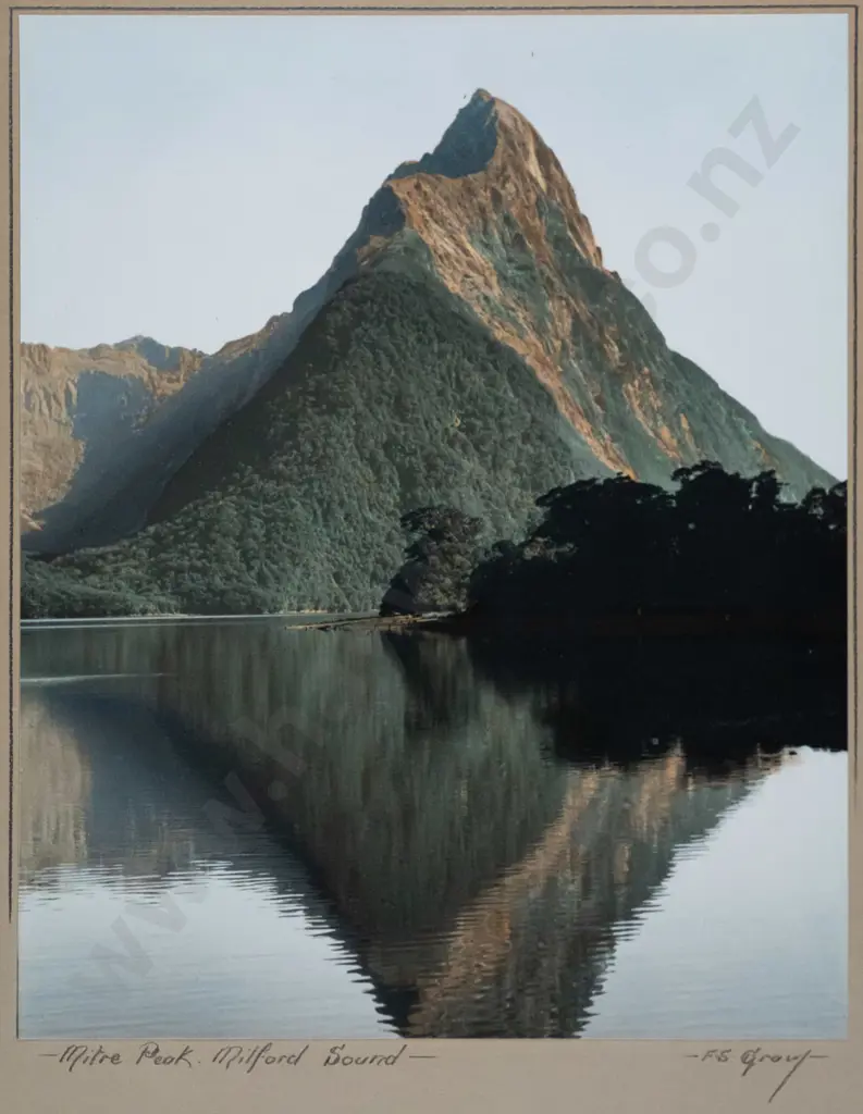 FS Gray - framed vintage hand coloured photograph "Mitre Peak Milford Sound" H - 280 W - 230 Image 1++
