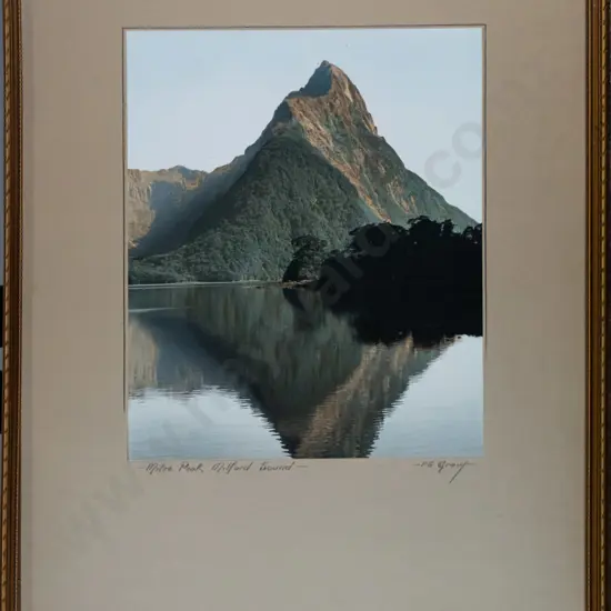 FS Gray - framed vintage hand coloured photograph "Mitre Peak Milford Sound" H - 280 W - 230