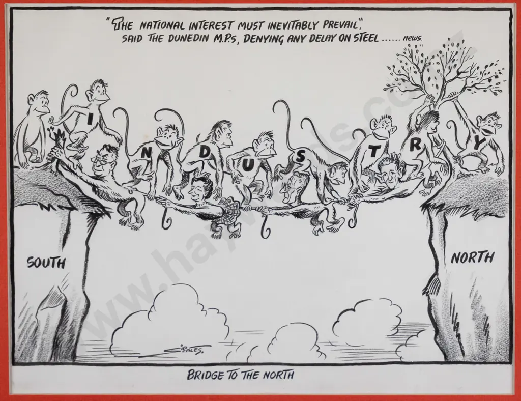 framed vintage Sid Scales cartoon "Bridge to the North" H - 240 W - 340 Image 1++