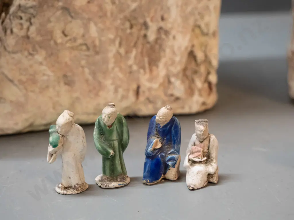 pottery sculpture by Carissa Proffit - 2 piece with 4 small Chinese style figures & miniature sewing kit H470 W185 D105 Image 1++