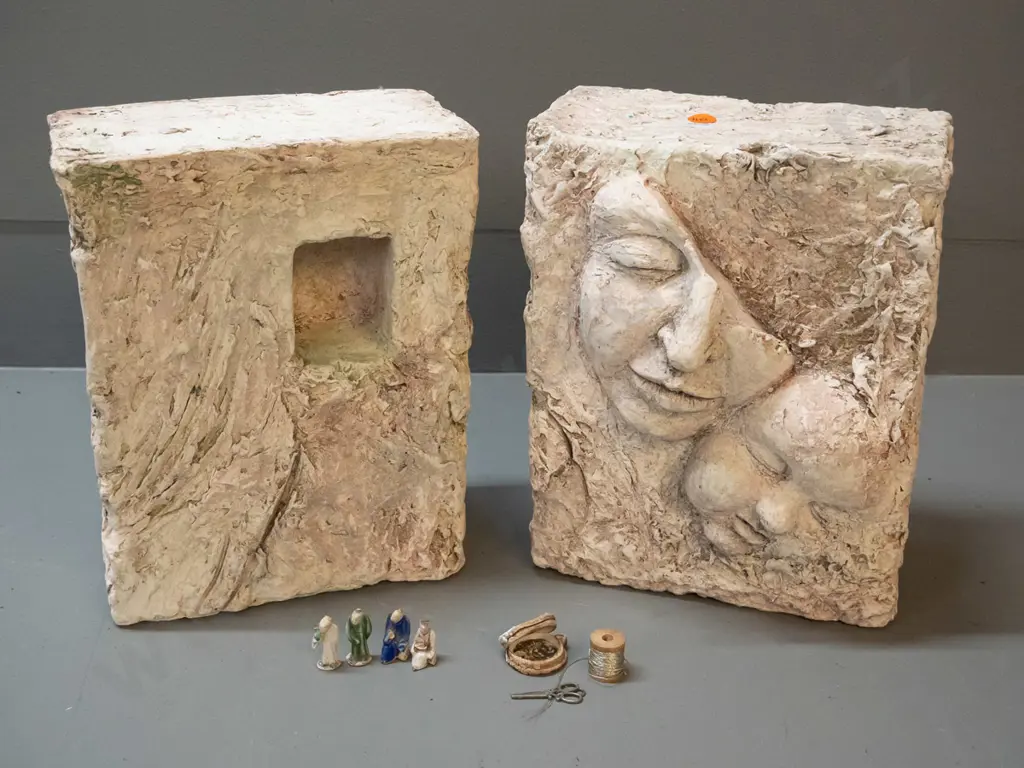pottery sculpture by Carissa Proffit - 2 piece with 4 small Chinese style figures & miniature sewing kit H470 W185 D105 Image 1++