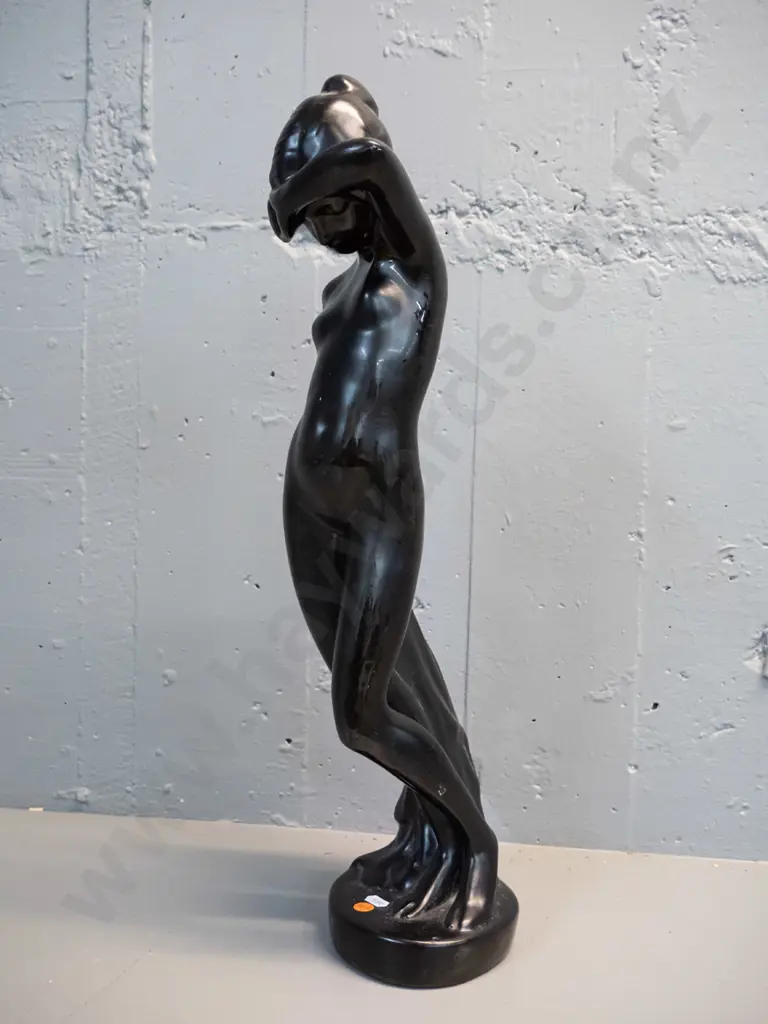 large black painted plaster figurine, initials GM or GH on base - chips, has been retouched, balance a bit off, tends to Image 1++