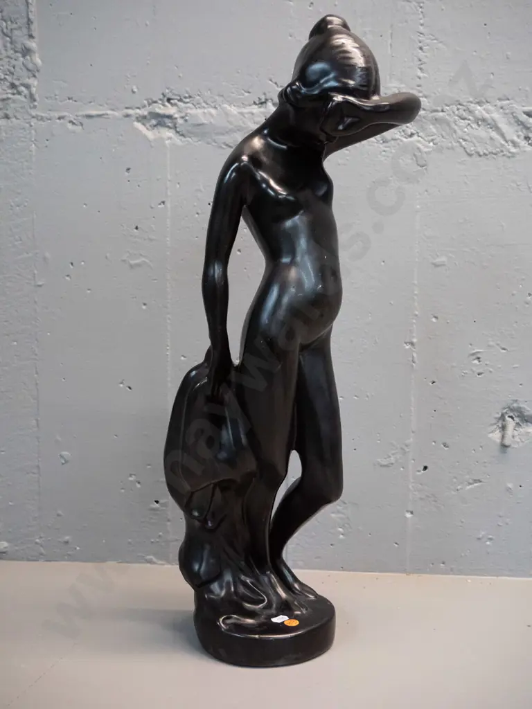 large black painted plaster figurine, initials GM or GH on base - chips, has been retouched, balance a bit off, tends to Image 1++