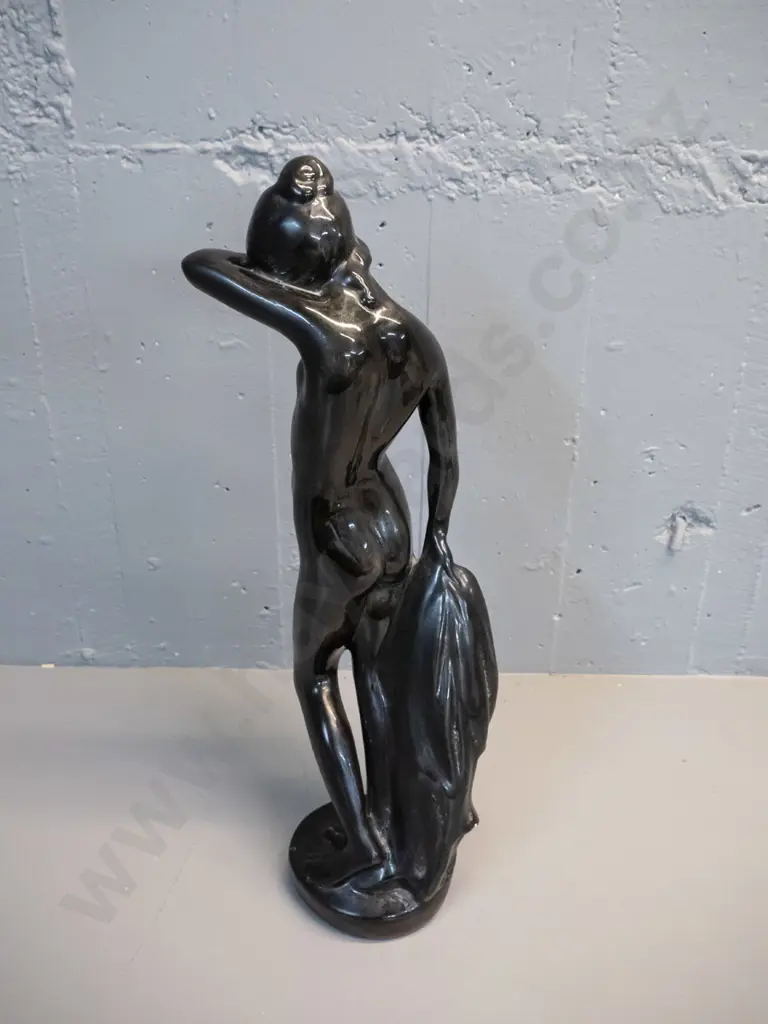 large black painted plaster figurine, initials GM or GH on base - chips, has been retouched, balance a bit off, tends to Image 1++