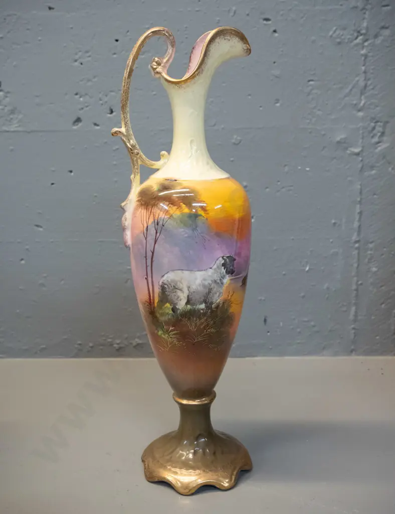 vintage sheep motif tall handled vase in Royal Worcester-style, no maker's marks H-390 Image 1++