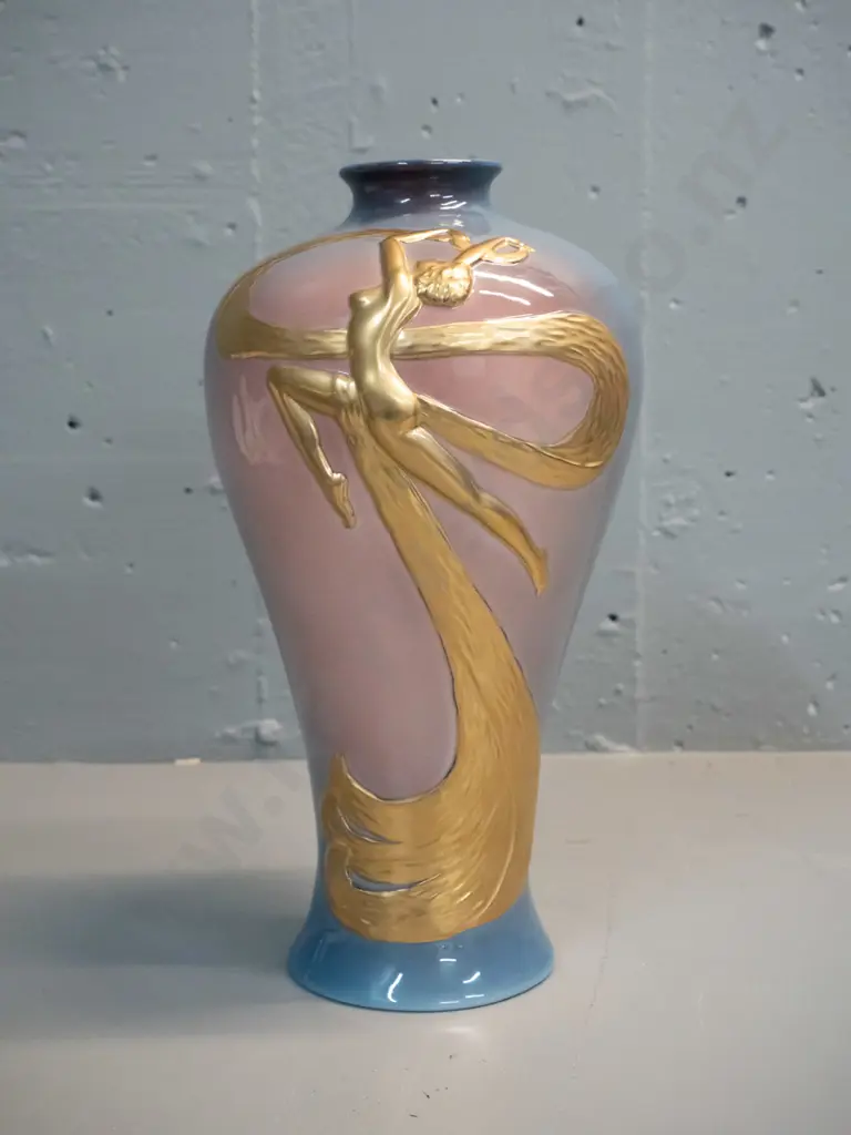 deco style boxed 'Art Deco' branded vase with gilt relief figure - marked Art Deco Napier New Zealand H310 D160 Image 1++