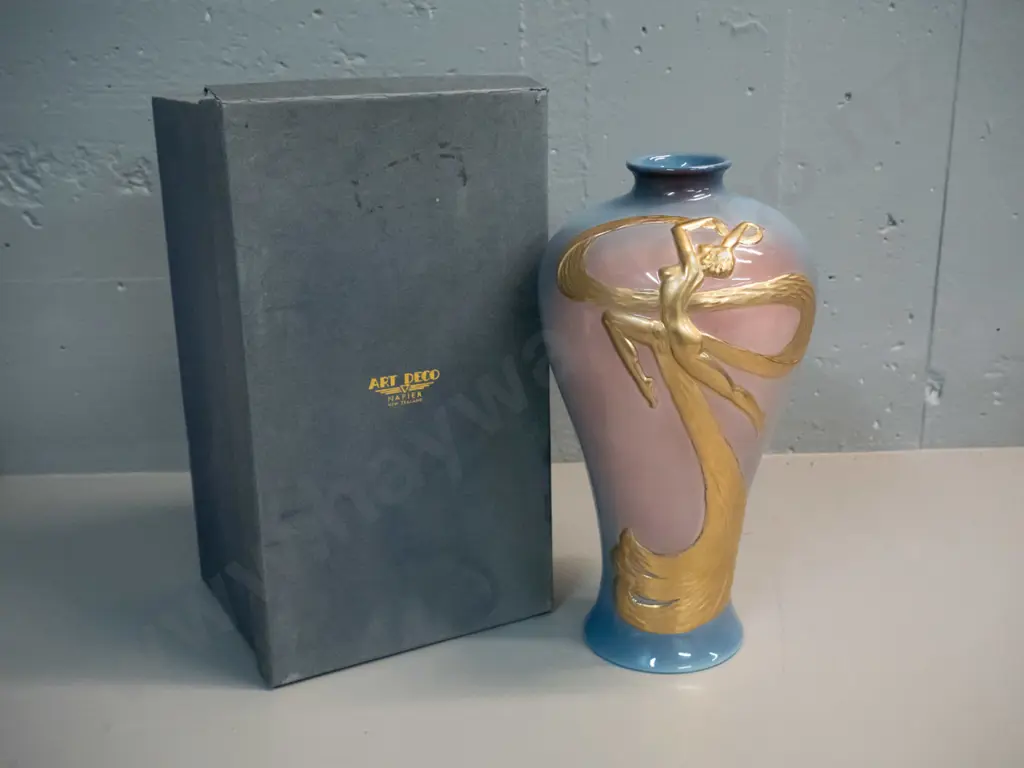 deco style boxed 'Art Deco' branded vase with gilt relief figure - marked Art Deco Napier New Zealand H310 D160 Image 1++