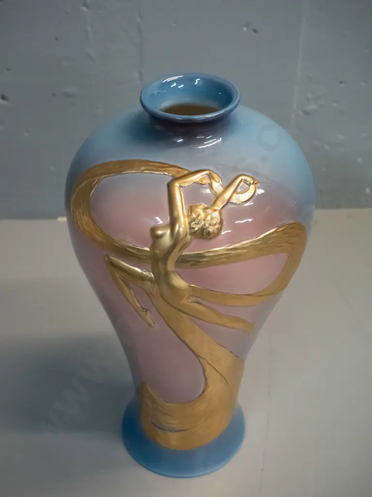 deco style boxed 'Art Deco' branded vase with gilt relief figure - marked Art Deco Napier New Zealand H310 D160 Image 1++