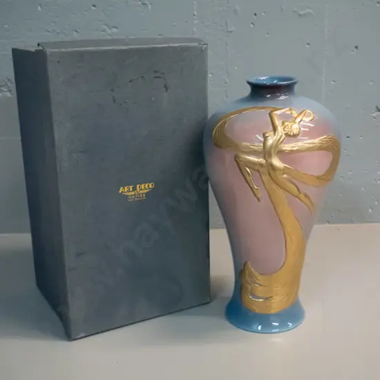 deco style boxed 'Art Deco' branded vase with gilt relief figure - marked Art Deco Napier New Zealand H310 D160