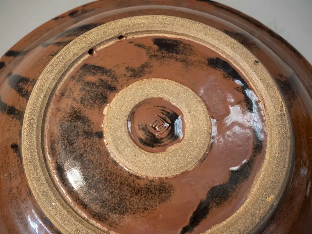 Christopher Peter Clouston NZ studio pottery large shallow bowl / wall charger with hanging holes H85 D360 Image 1++