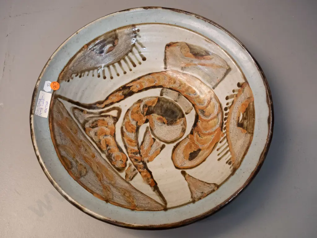 Christopher Peter Clouston NZ studio pottery large shallow bowl / wall charger with hanging holes H85 D360 Image 1++