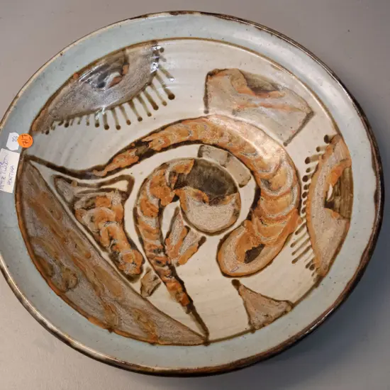 Christopher Peter Clouston NZ studio pottery large shallow bowl / wall charger with hanging holes H85 D360