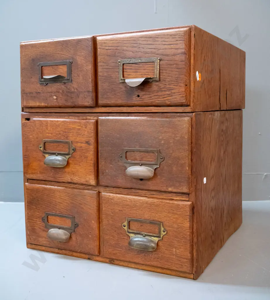 2 vintage oak library drawer cabinets with brass label handles, one 2-drawer and one 4-drawer, some chips and Image 1++