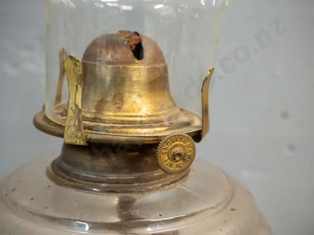 vintage kerosene lamp with blue glass base, clear reservoir and chimney H-500 Image 1++