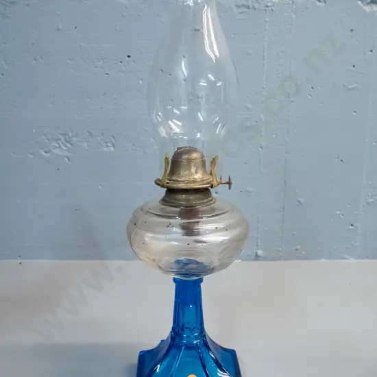vintage kerosene lamp with blue glass base, clear reservoir and chimney H-500