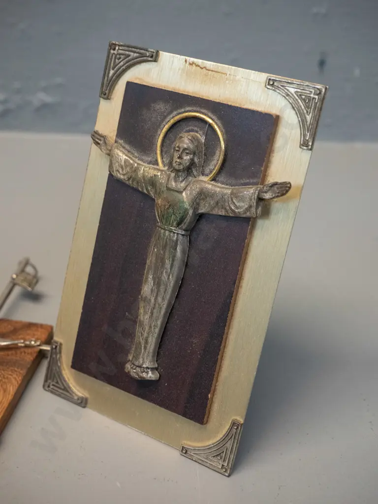 3 small religious items - Italian wall hanging crucifix, standing angel with marble base, and tabletop virgin Image 1++