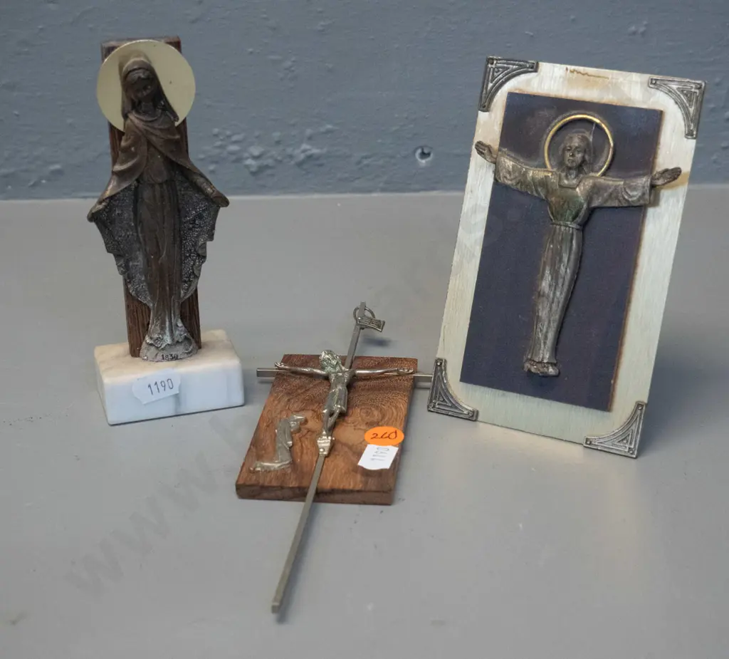 3 small religious items - Italian wall hanging crucifix, standing angel with marble base, and tabletop virgin Image 1++
