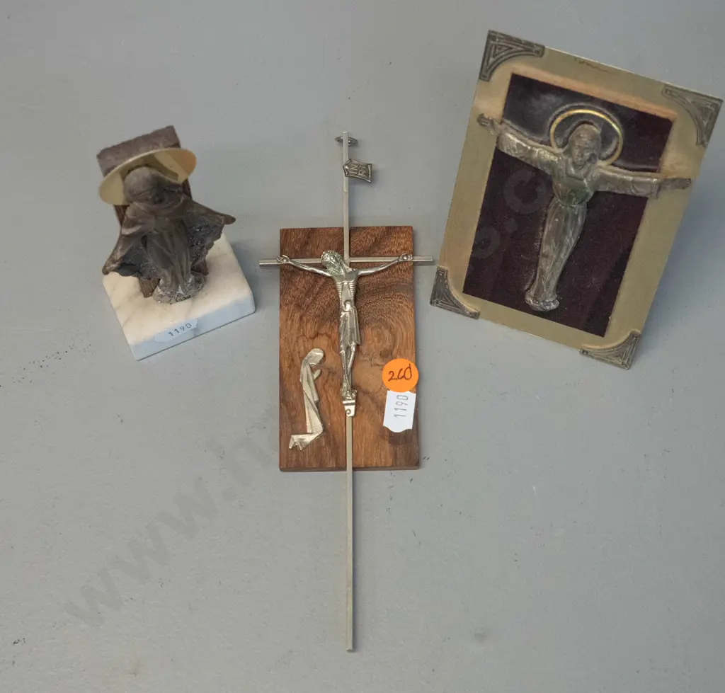 3 small religious items - Italian wall hanging crucifix, standing angel with marble base, and tabletop virgin Image 1++
