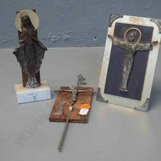 3 small religious items - Italian wall hanging crucifix, standing angel with marble base, and tabletop virgin