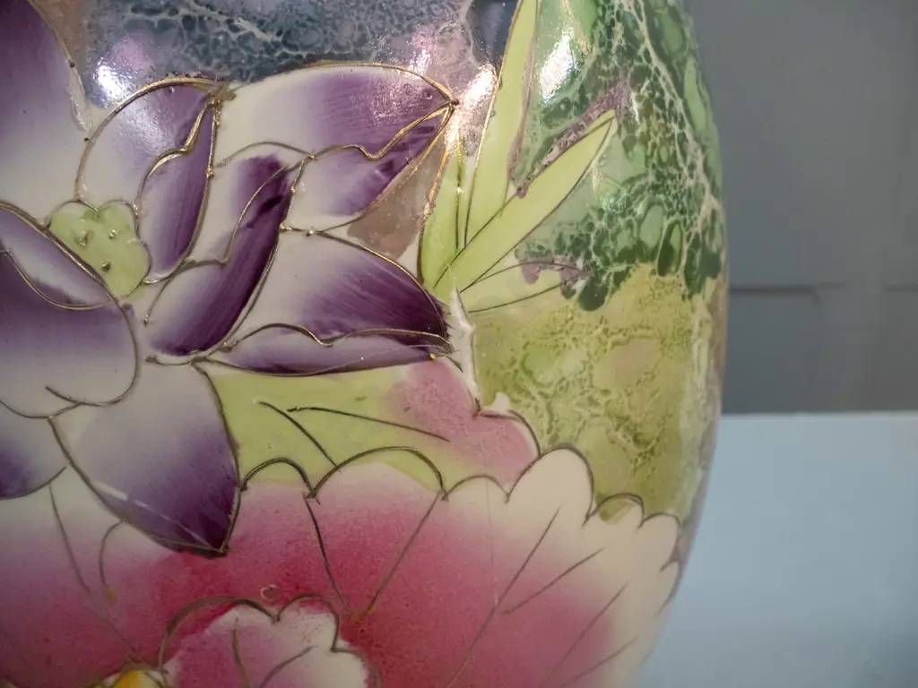 pair of large Chinese lustre  glaze vases with fluted rims, lotus flower motifs and raised gilded decoration - one has Image 1++