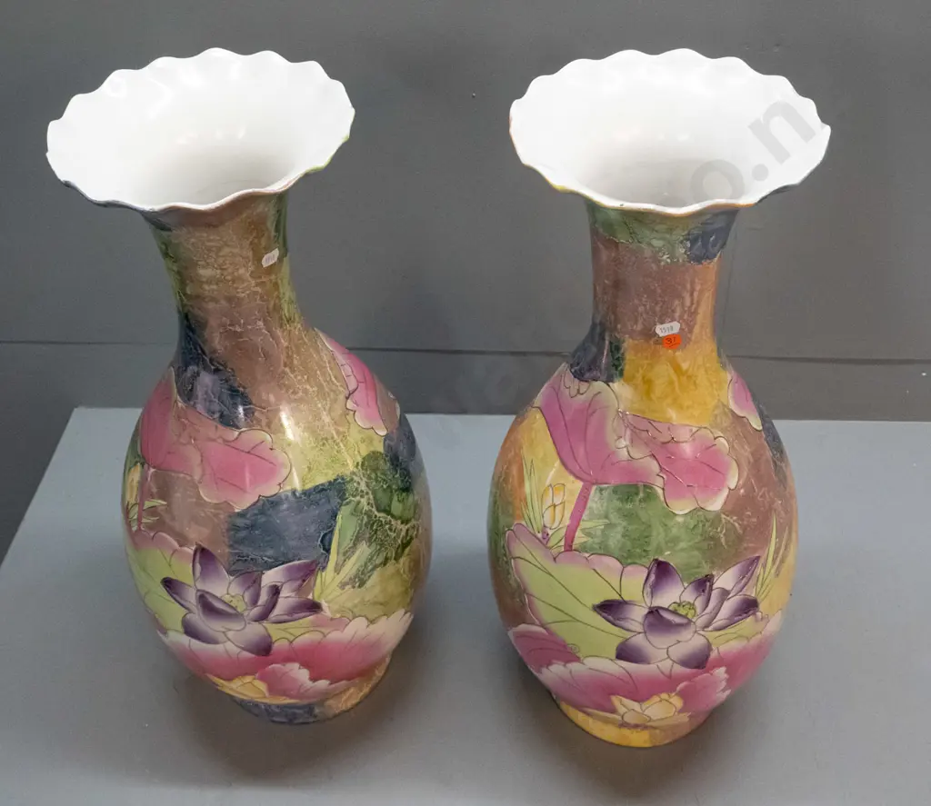 pair of large Chinese lustre  glaze vases with fluted rims, lotus flower motifs and raised gilded decoration - one has Image 1++
