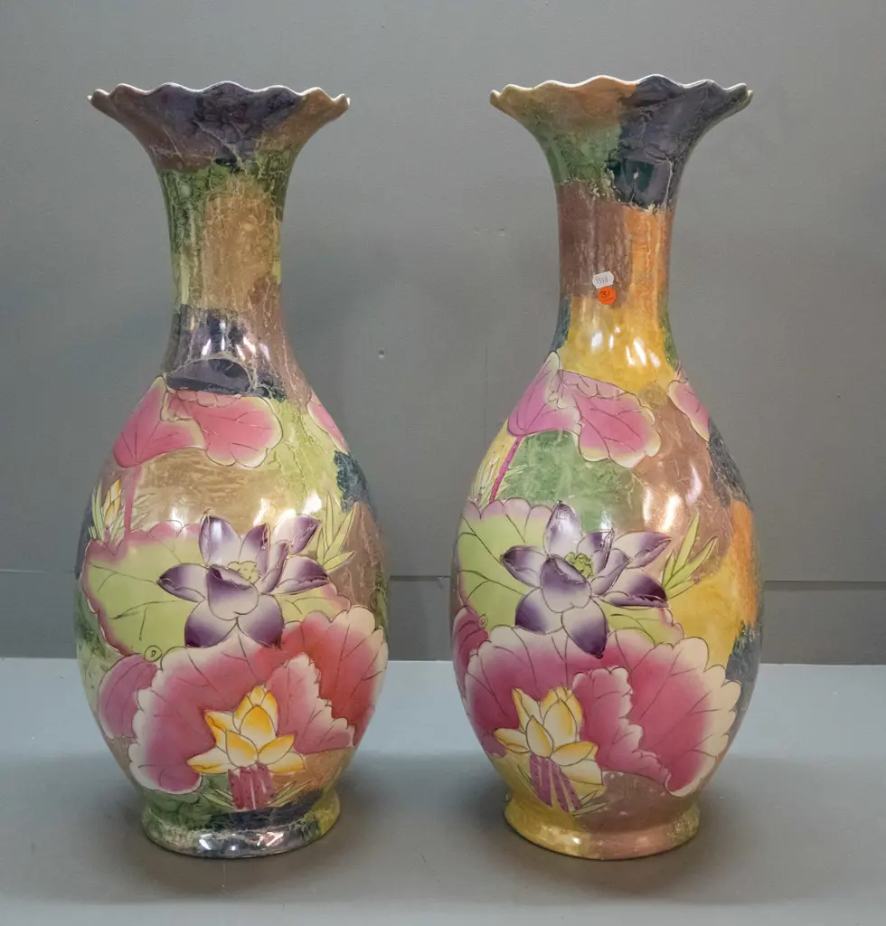 pair of large Chinese lustre  glaze vases with fluted rims, lotus flower motifs and raised gilded decoration - one has Image 1++
