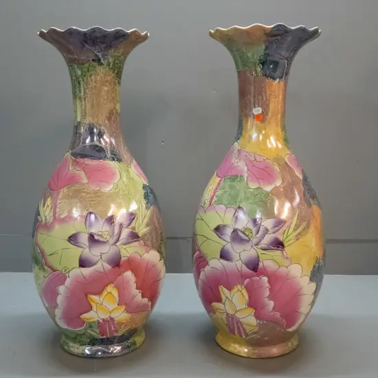 pair of large Chinese lustre  glaze vases with fluted rims, lotus flower motifs and raised gilded decoration - one has